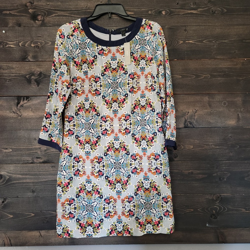J Crew Misty Fog Floral 100% Silk Shift Dress Size 2 Boho Retro Holiday NWT